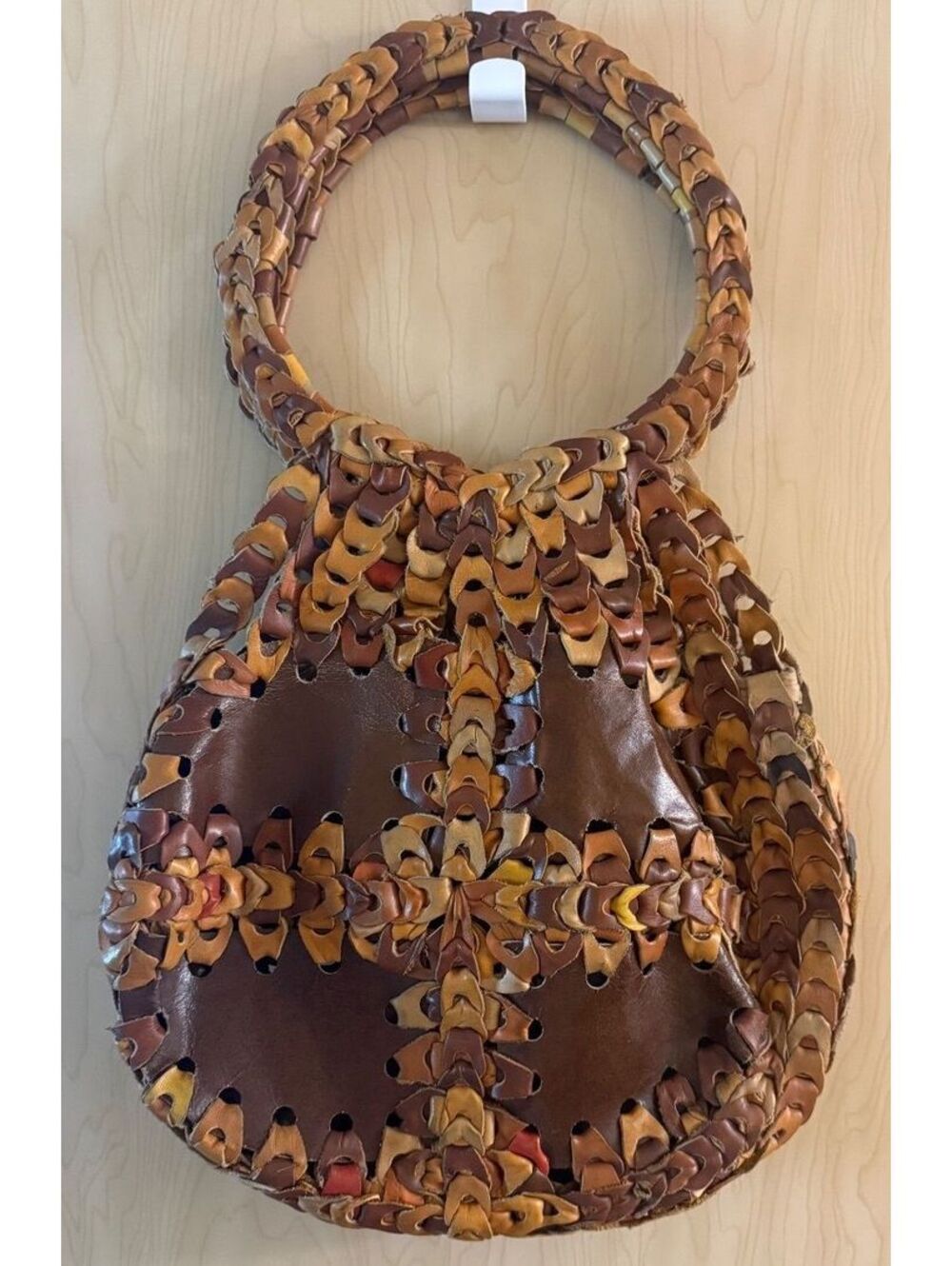 Vintage bohemian round bag woven leather patchwork 1970s